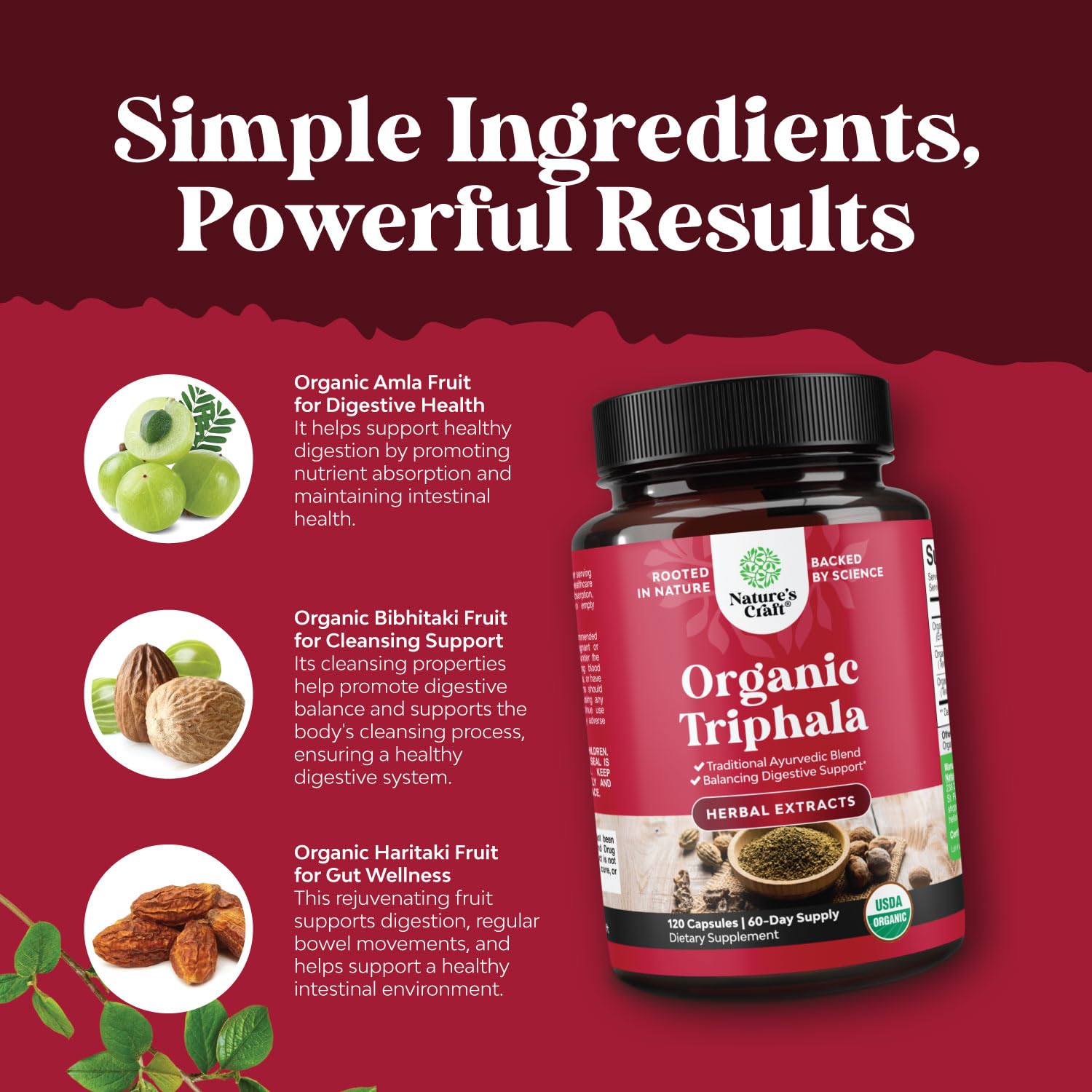 Vegan organic Triphala capsules packaging