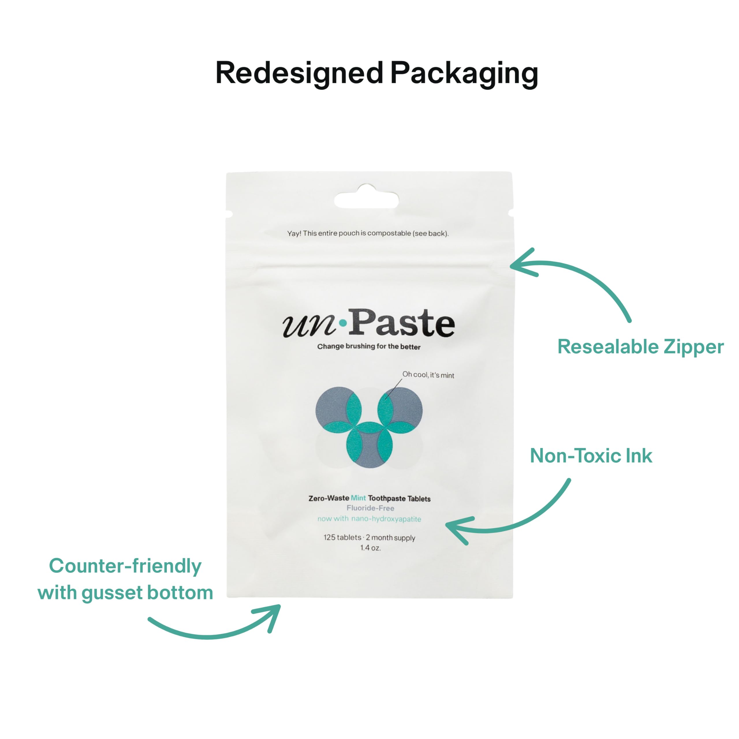 Vegan, plastic-free toothpaste tablets with eco packaging.