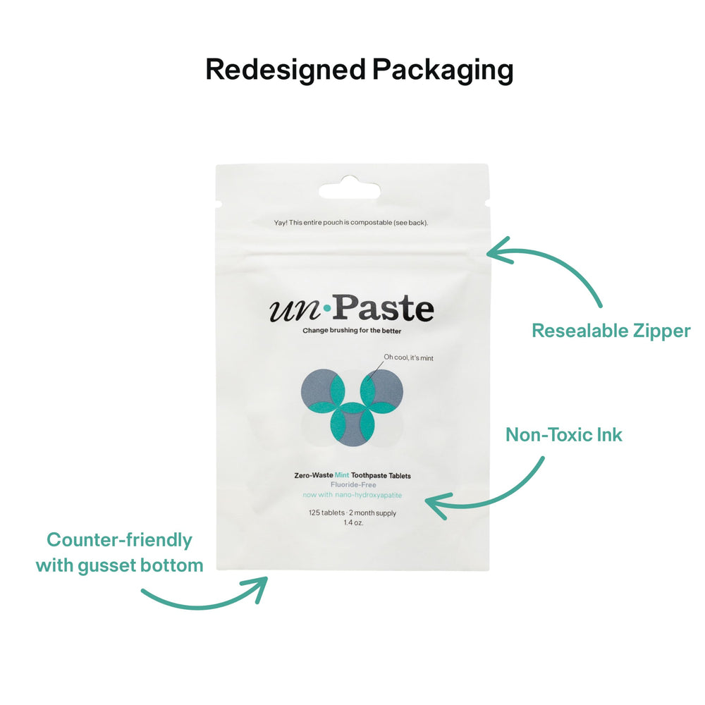 Vegan, plastic-free toothpaste tablets with eco packaging.
