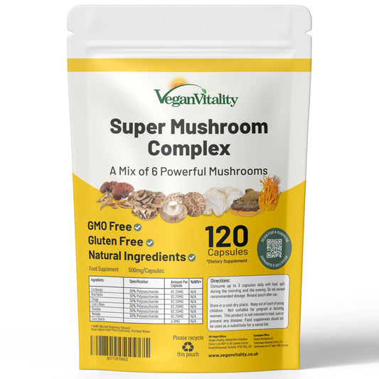 Bottle of Vegan Vitality Multi Mushroom Supplement Complex 120 capsules
