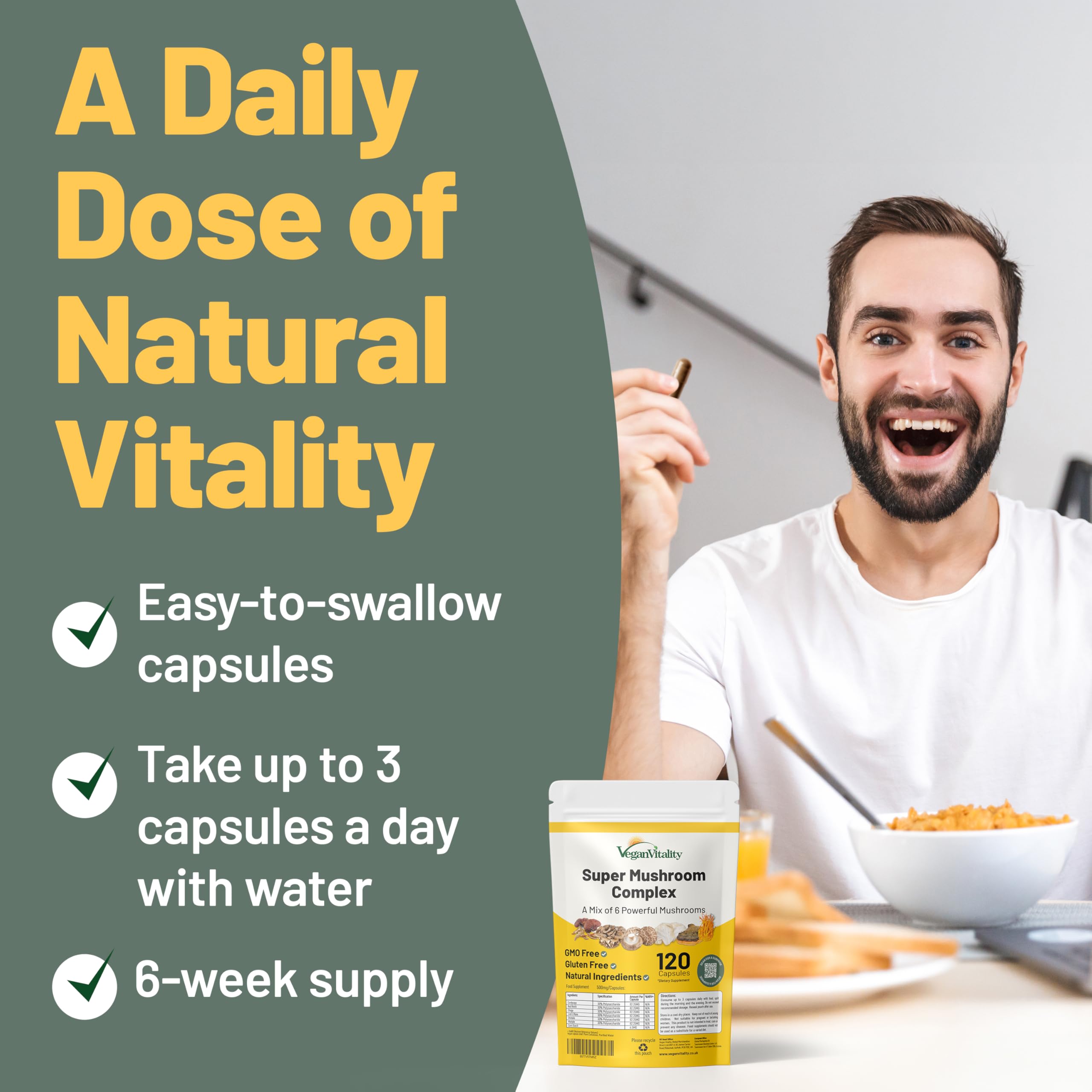 Vegan, GMO-free and gluten-free mushroom supplement
