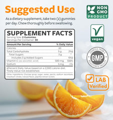 Ingredient panel and nutritional facts for vegan vitamin C gummies