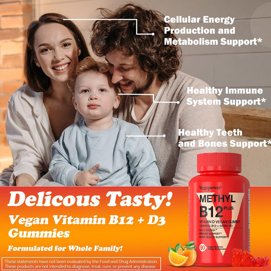 Close-up of orange-flavored vegan D3+B12 gummies