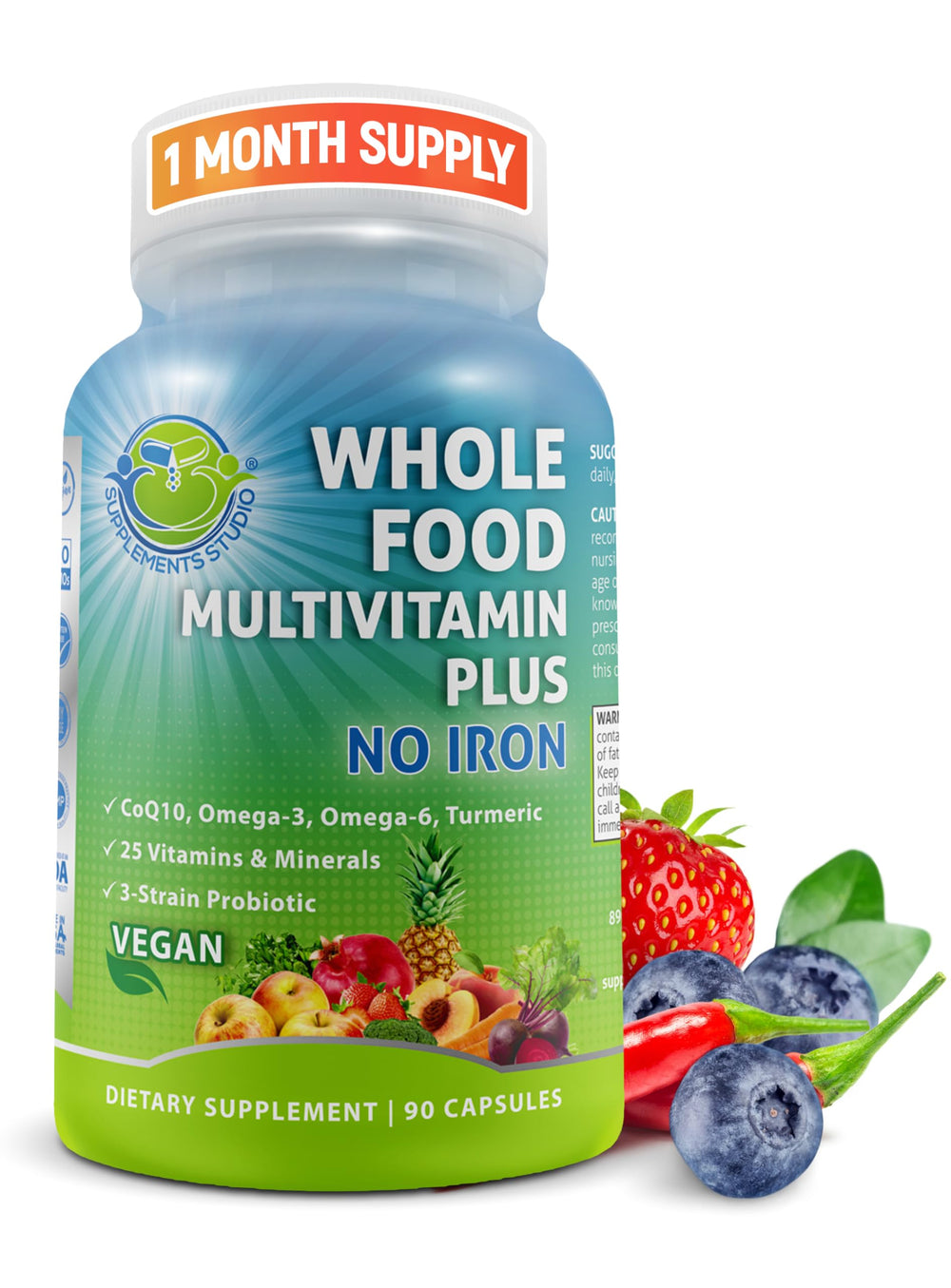 Front view of vegan whole-food multivitamin bottle, 90 count