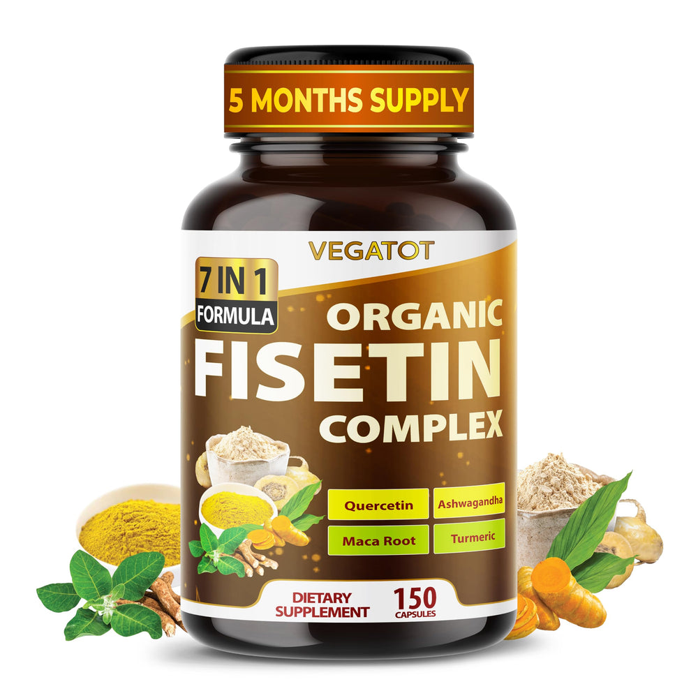 VEGATOT Organic Fisetin Complex bottle with 150 capsules on white background
