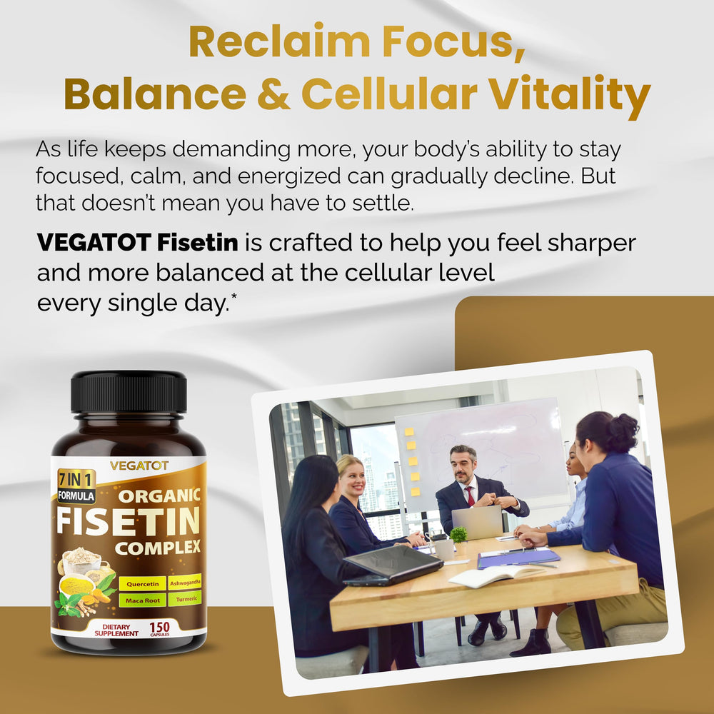 Close-up view of ingredients: Fisetin, Quercetin, Resveratrol, Ashwagandha, Maca Root, Turmeric, Black Pepper