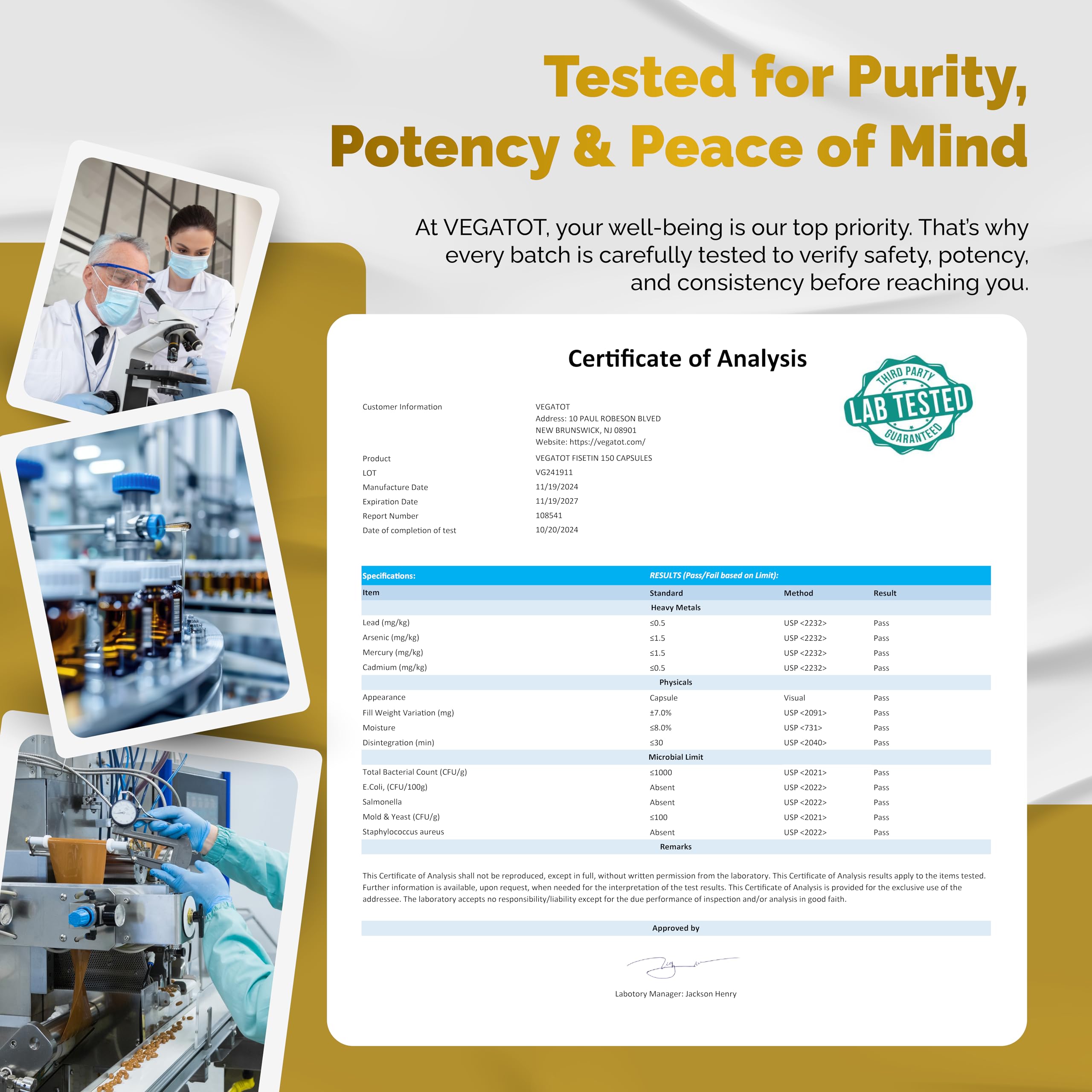 Non-GMO and Gluten-Free certification icons beside VEGATOT product