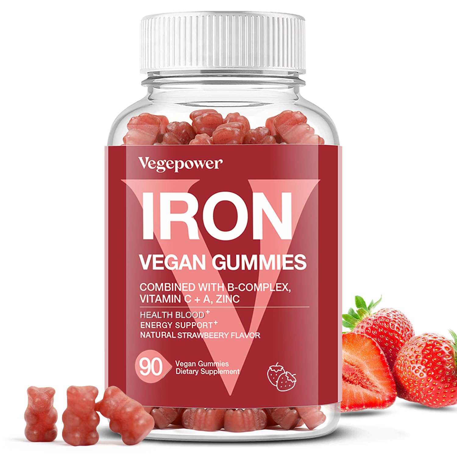 Front view of Vegepower Iron Gummies Strawberry 90-count bottle