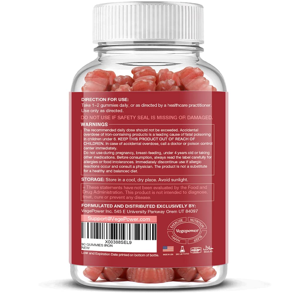 Nutritional facts panel for Vegepower Iron Gummies Strawberry 90-count