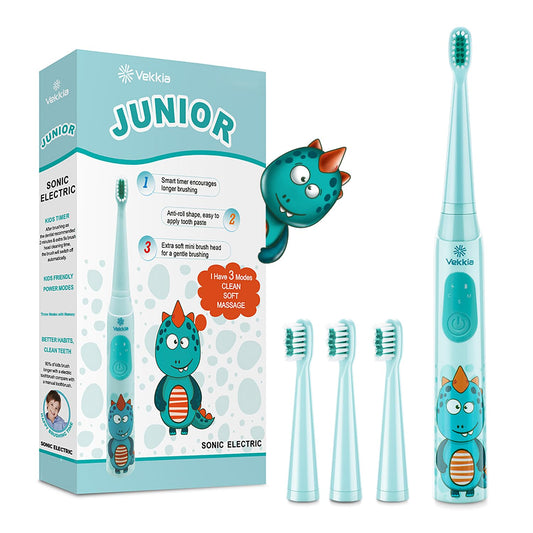 Vekkia kids blue sonic toothbrush showing 3 modes and memory function