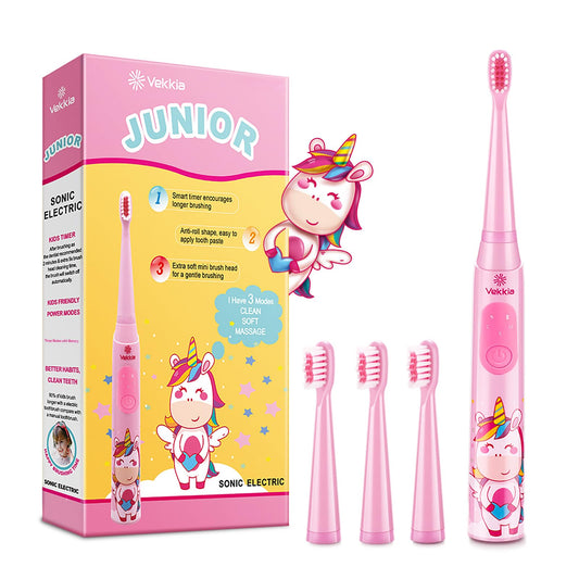 Front view of pink Vekkia kids sonic toothbrush