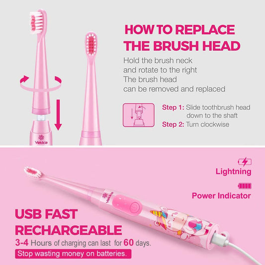 Side view of pink Vekkia kids sonic toothbrush
