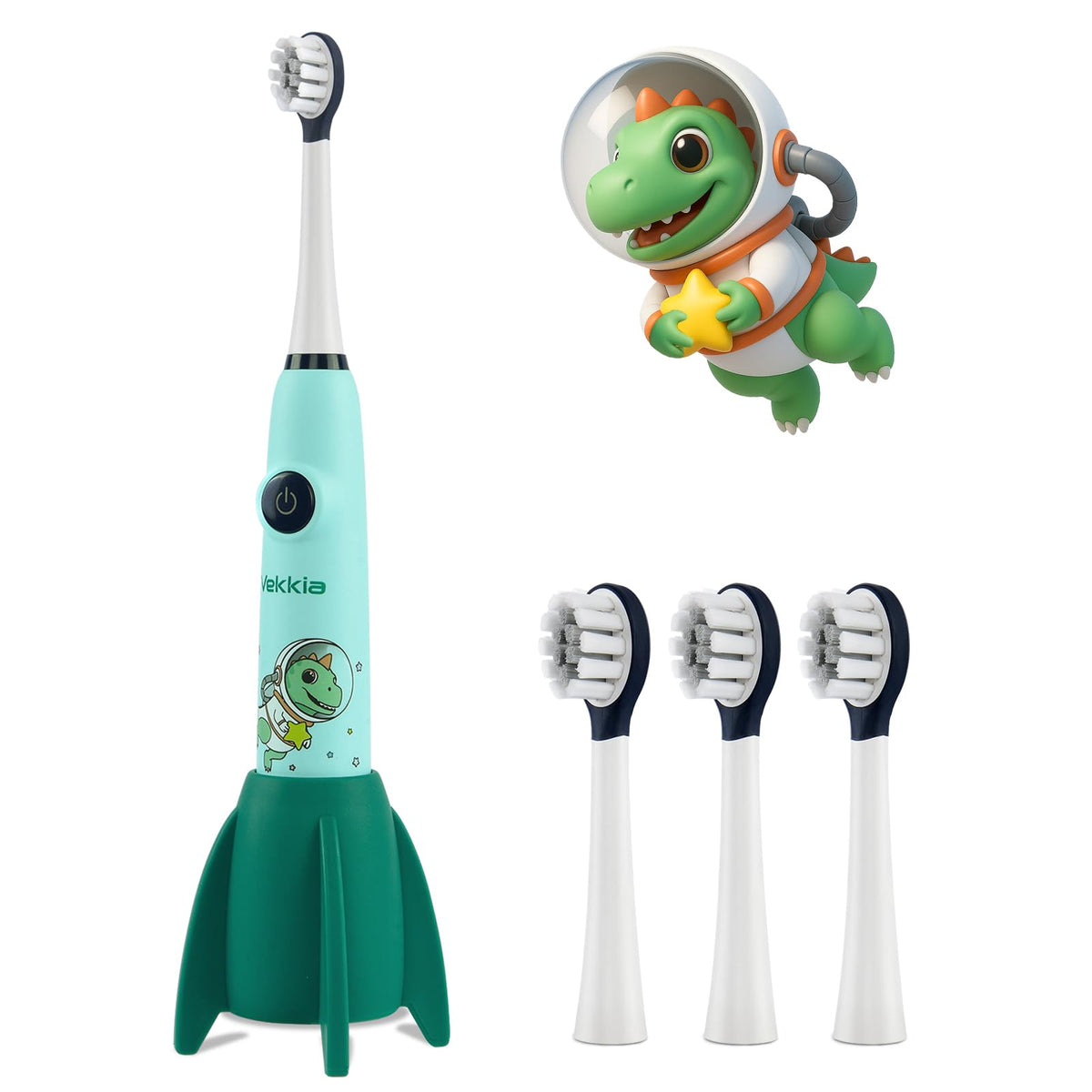 Vekkia Sonic Kids Electric Toothbrush with green dino character and space-themed design