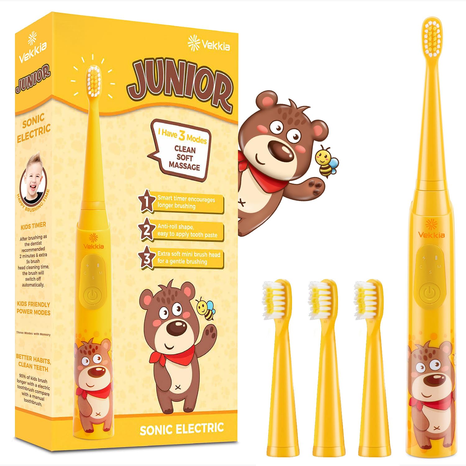 Vekkia sonic rechargeable kids electric toothbrush with 3 modes