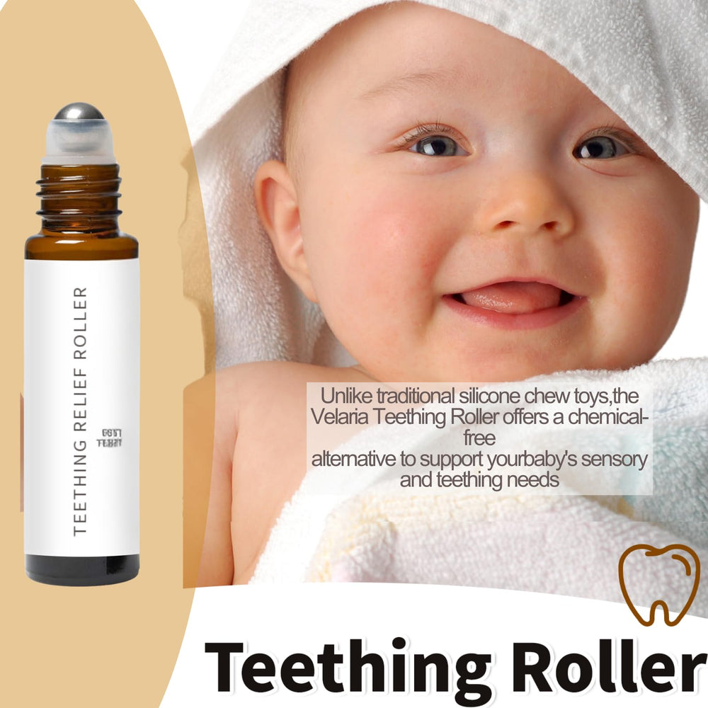 Three-pack display of Velaria Teething Roller for babies