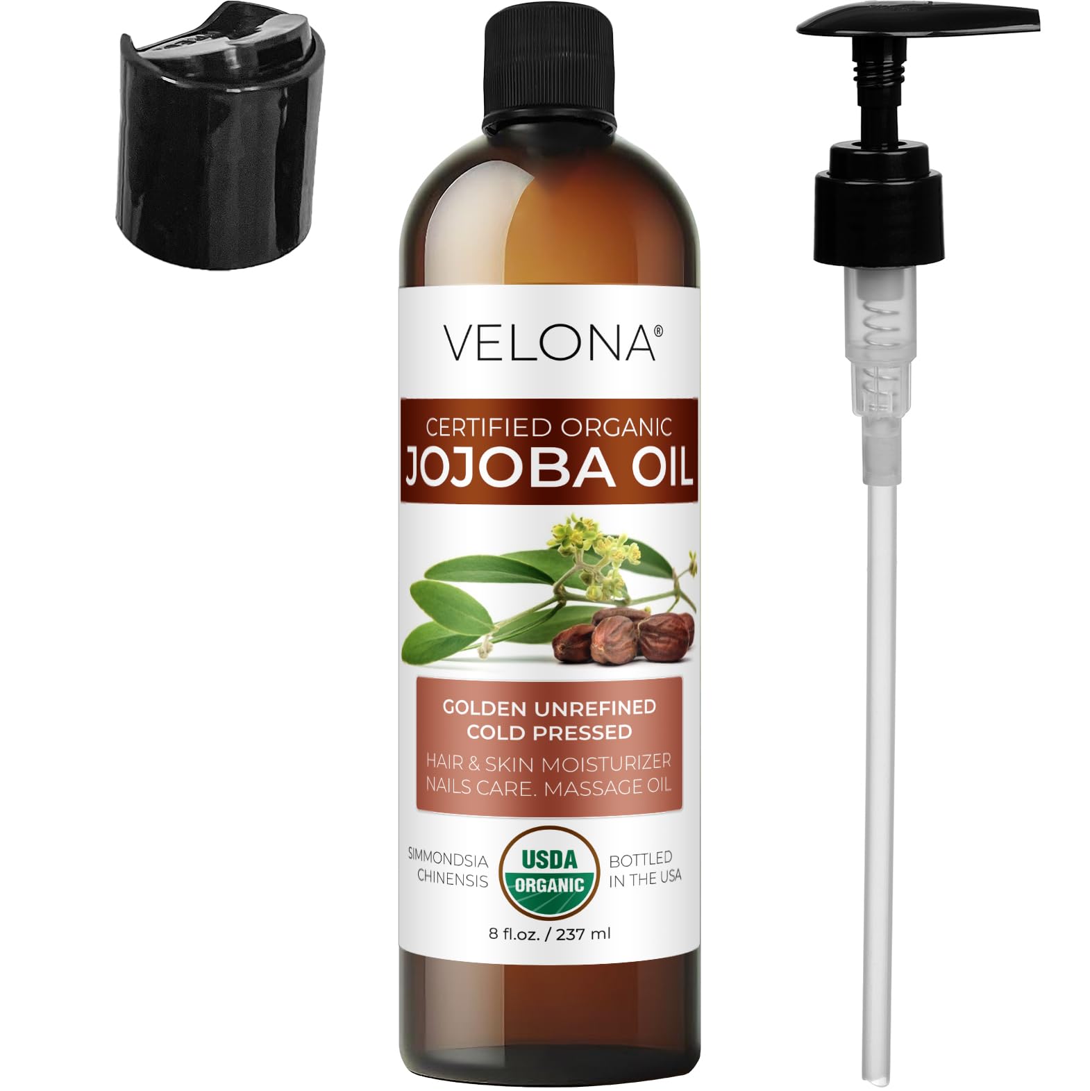 Velona Jojoba Oil packaging, USA bottled and hexane-free.