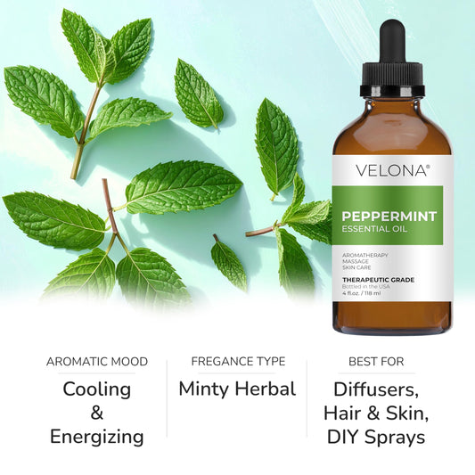 Close-up of Velona Peppermint Essential Oil bottle with cap