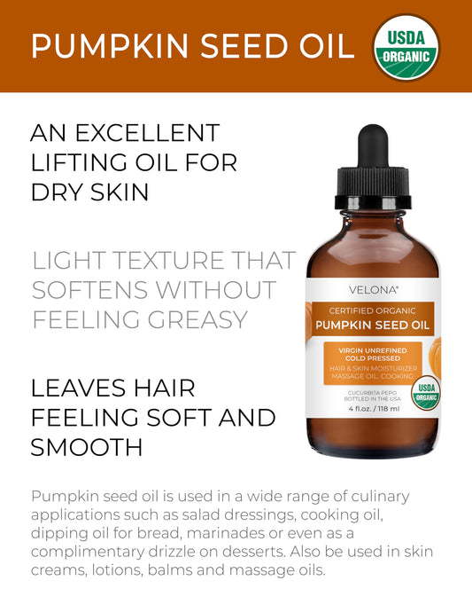 Velona Pumpkin Seed Oil glass bottle highlighting unrefined, cold-pressed quality