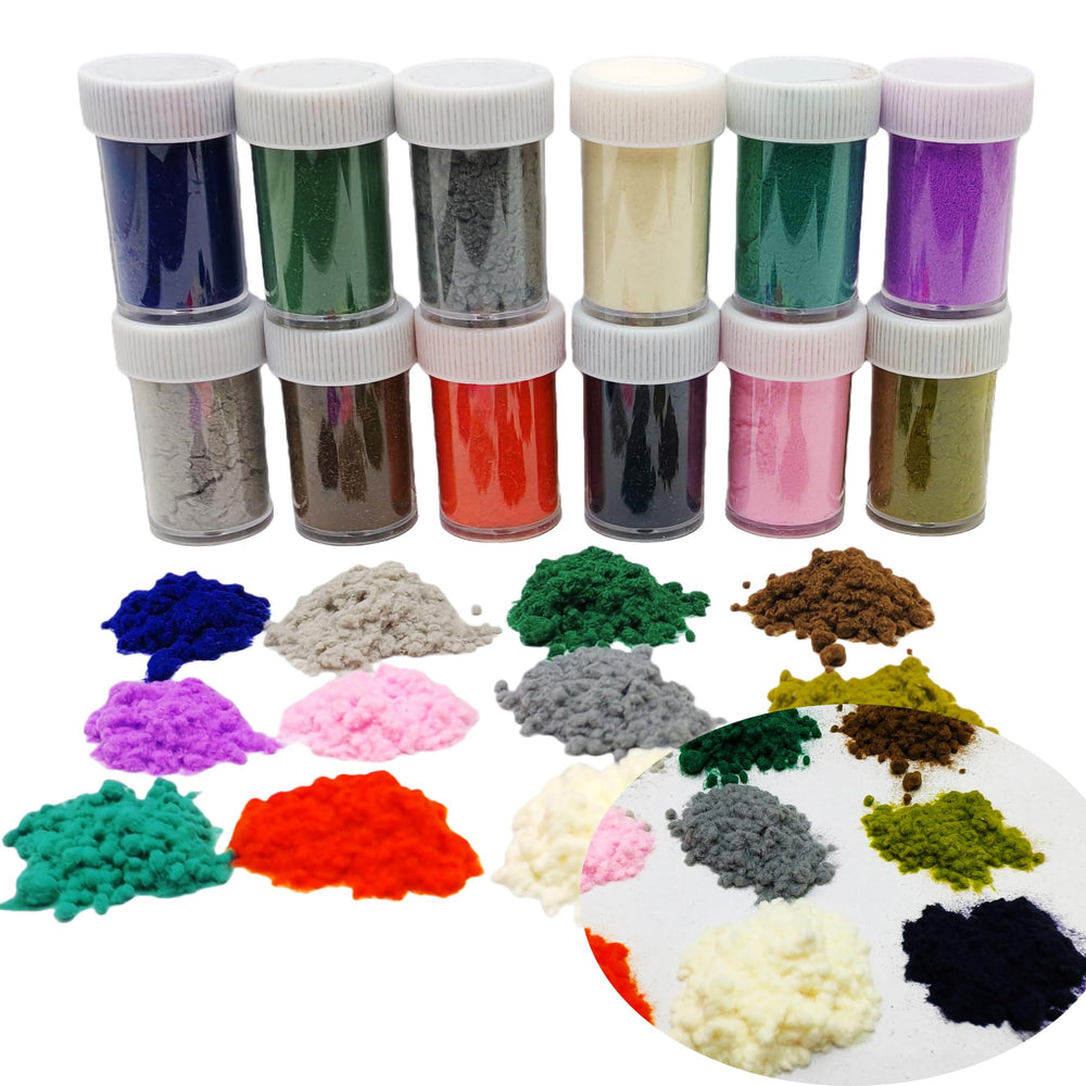 Velvet flocking powder set in 12 colors for nails and crafts, plush texture.