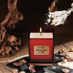 Velvet Rose & Oud candle, side view in square container