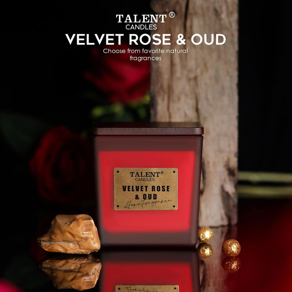 Top view of Velvet Rose & Oud scented candle in dark-lid square container