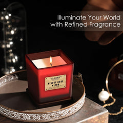 Luxury fragrance candle: Velvet Rose & Oud in square container