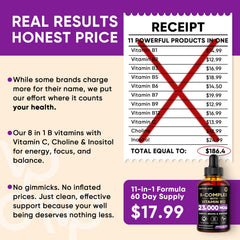 Graphic of ingredients: B1–B7, B9, B12, Vitamin C, Choline, Inositol