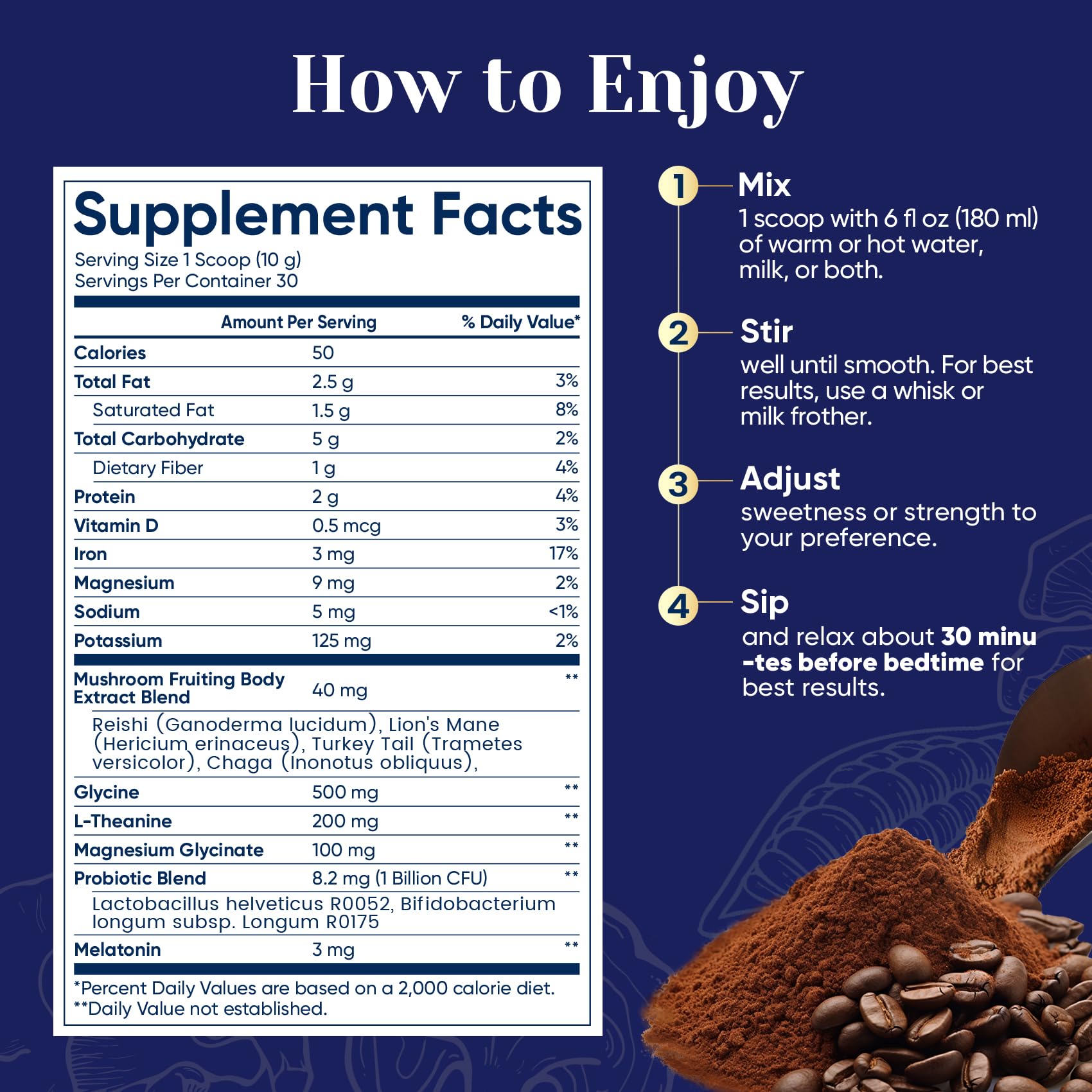 Preparation: mix one scoop with warm water or milk