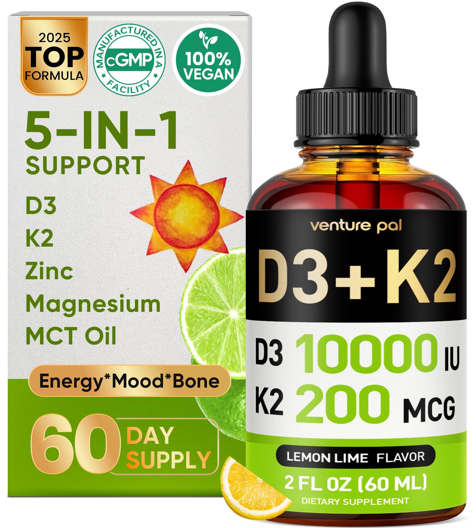 Venture Pal Vitamin D3 K2 liquid bottle with dropper