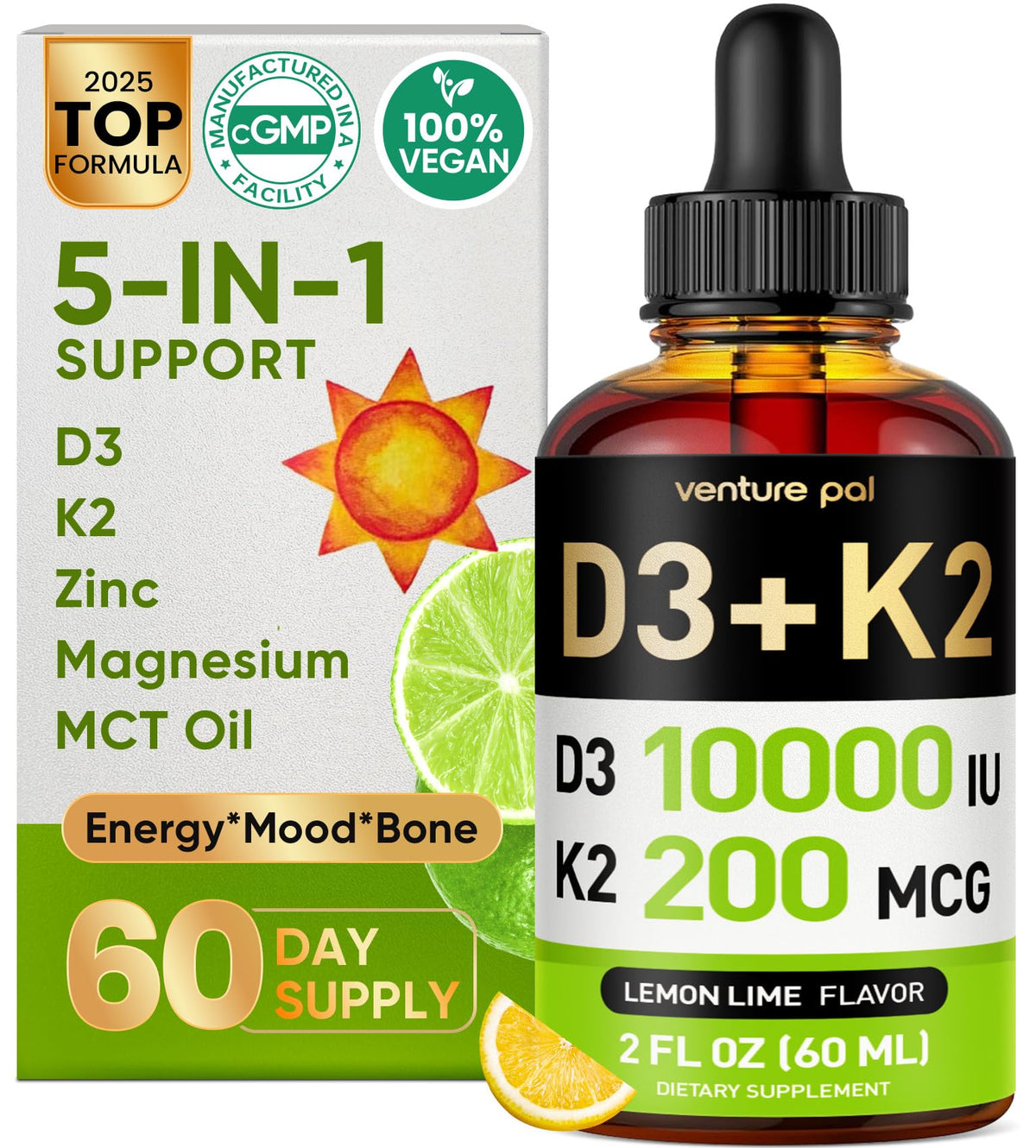 Venture Pal Vitamin D3 K2 liquid bottle with dropper