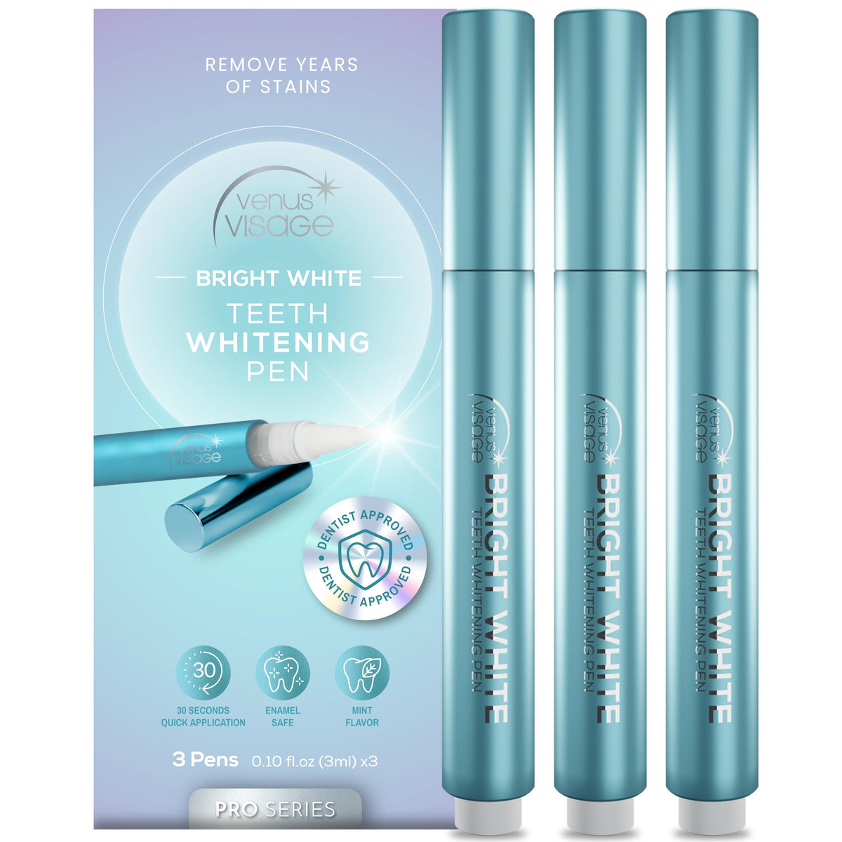Venus Visage Teeth Whitening Pen with mint flavor and three-pack box front view