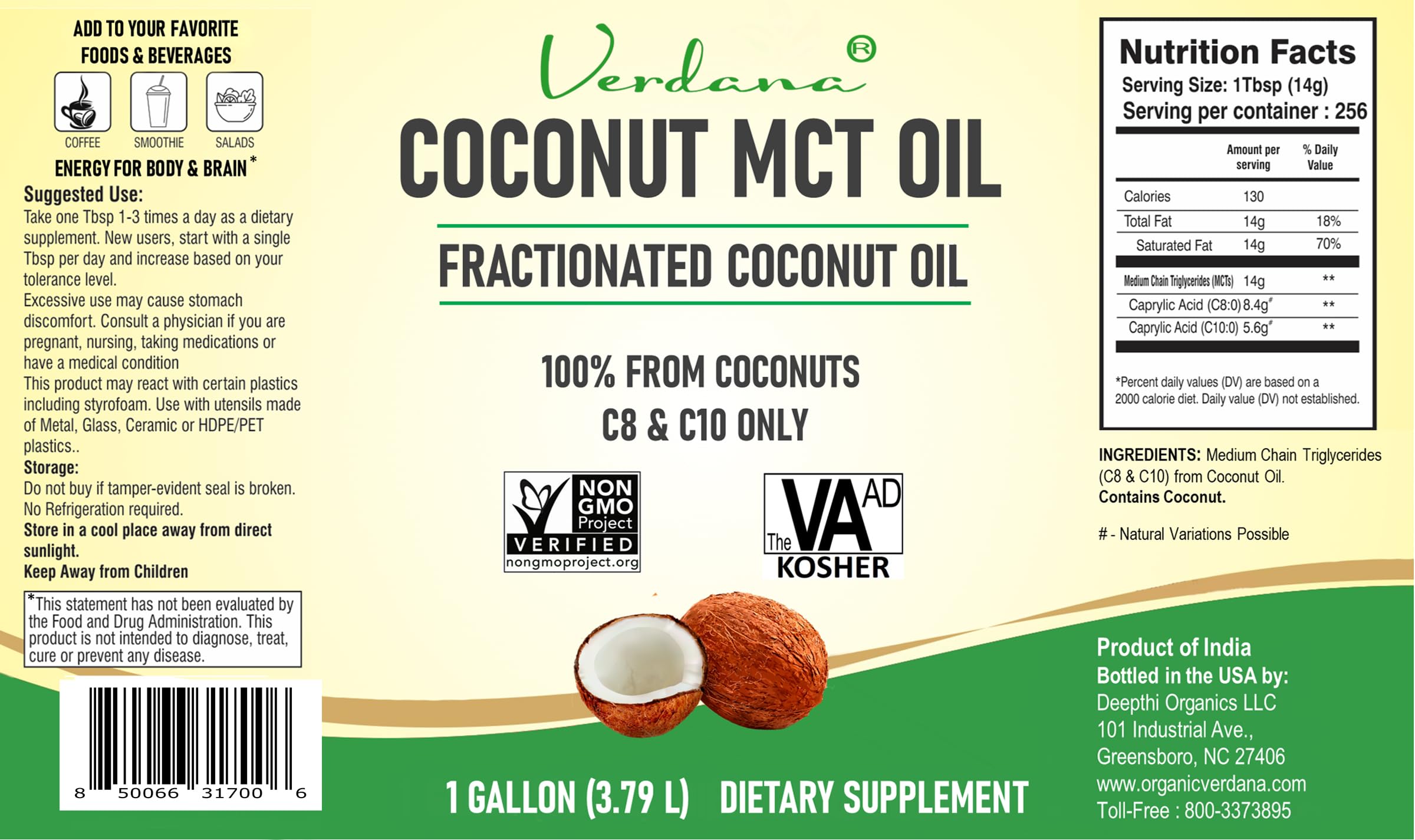 Verdana Coconut MCT Oil 1 Gallon bottle back label with ingredients