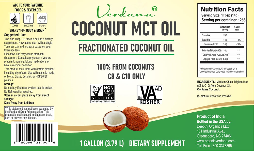 Verdana Coconut MCT Oil 1 Gallon bottle back label with ingredients
