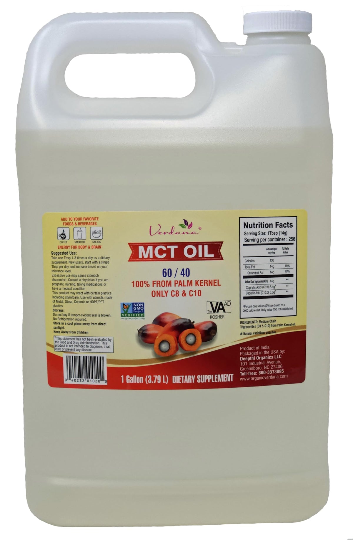 Front view of Verdana MCT Oil 1 Gallon bottle with label