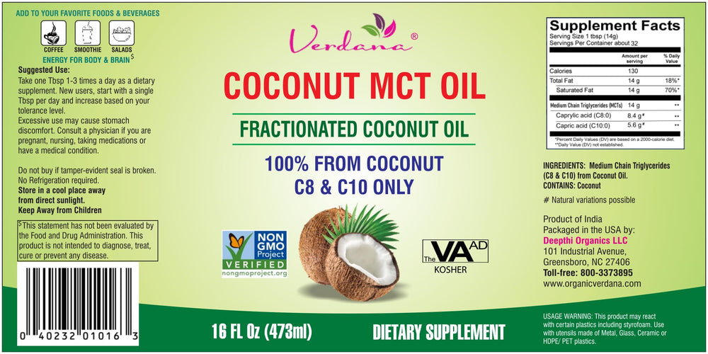 Unflavored Verdana MCT Oil 16 oz derived from coconuts