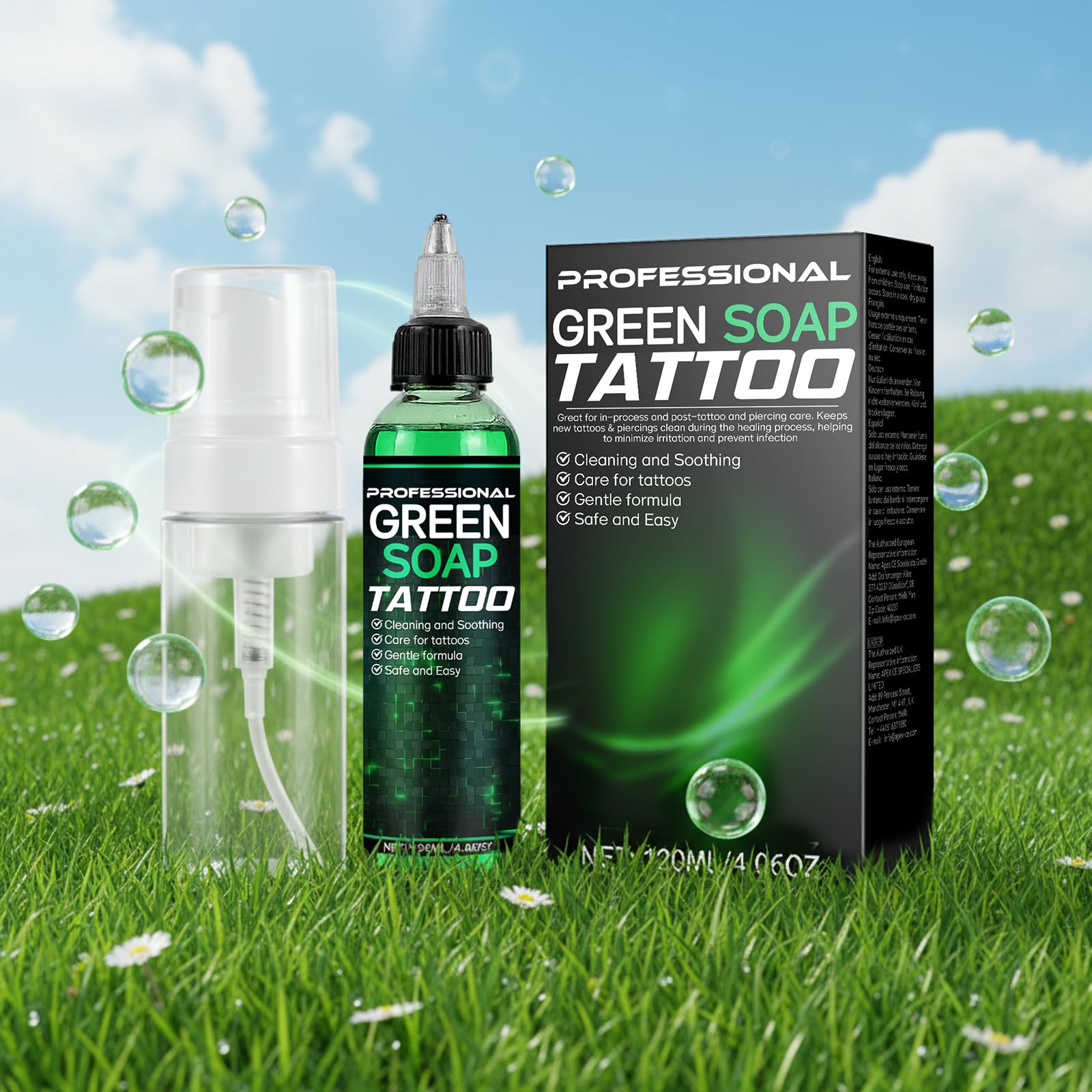 Vereclue Green Soap travel pack for on-the-go tattoo cleaning.