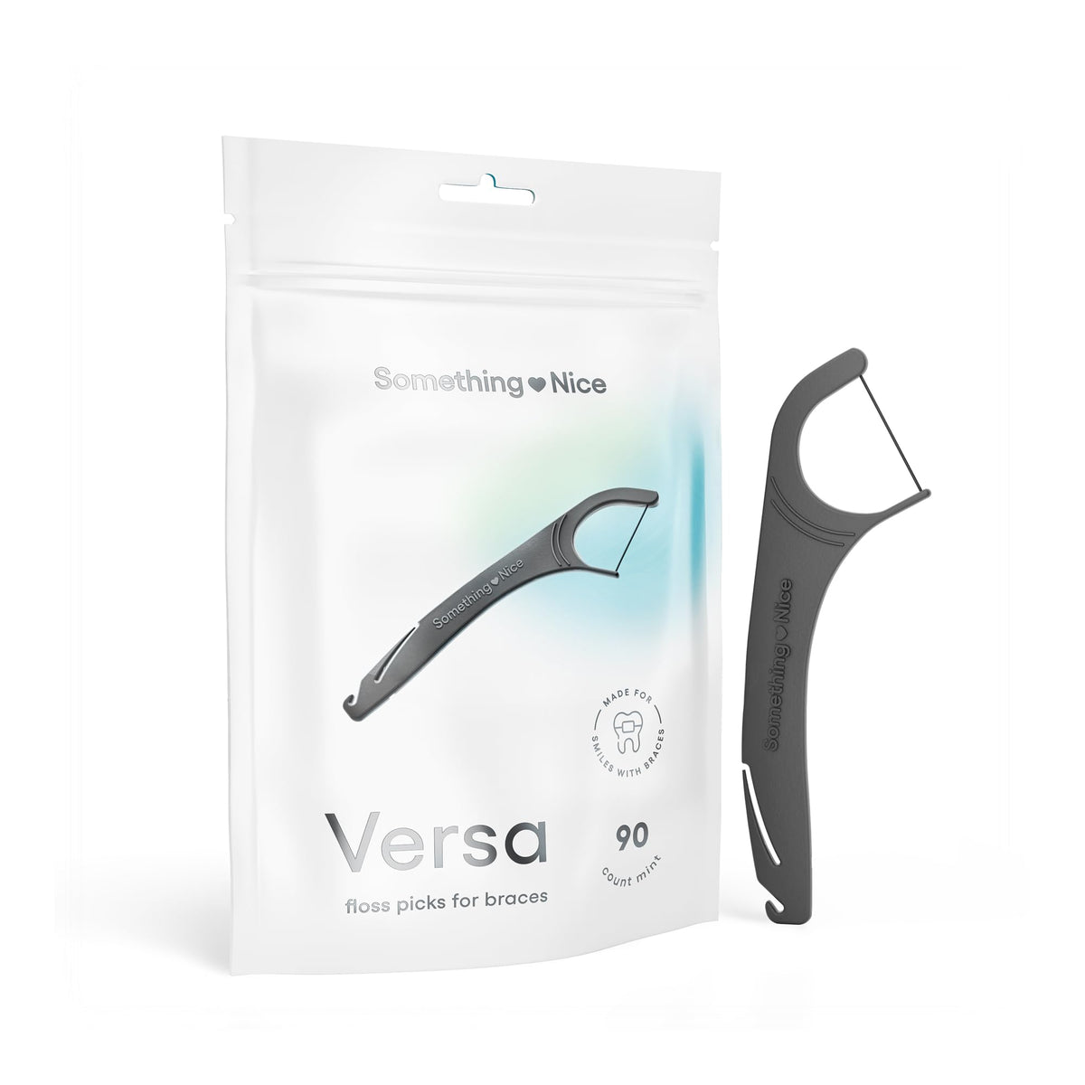 Mint-flavored Versa Braces Floss Pick with rubber band hook