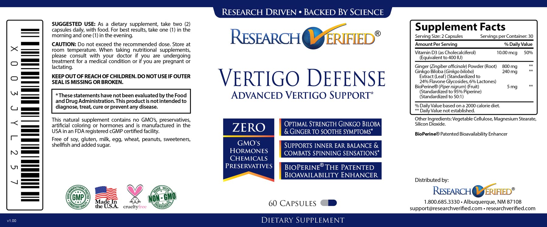 GMO-free and cruelty-free Vertigo Defense packaging