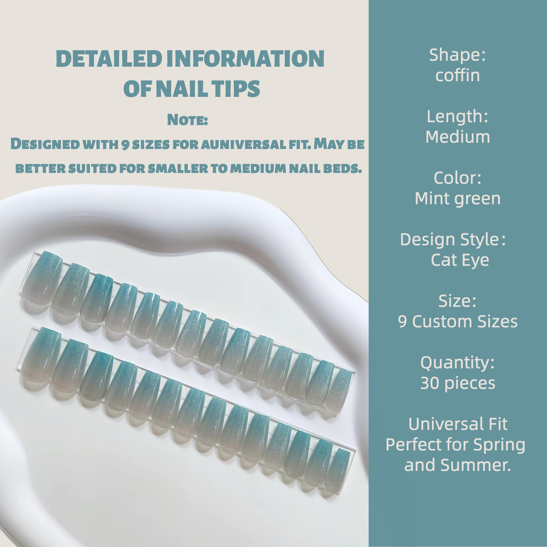 Display of 30 vesweet mint green cat eye nails in coffin shape.