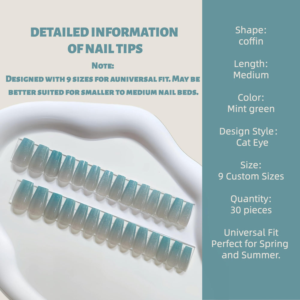 Display of 30 vesweet mint green cat eye nails in coffin shape.