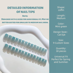 Display of 30 vesweet mint green cat eye nails in coffin shape.