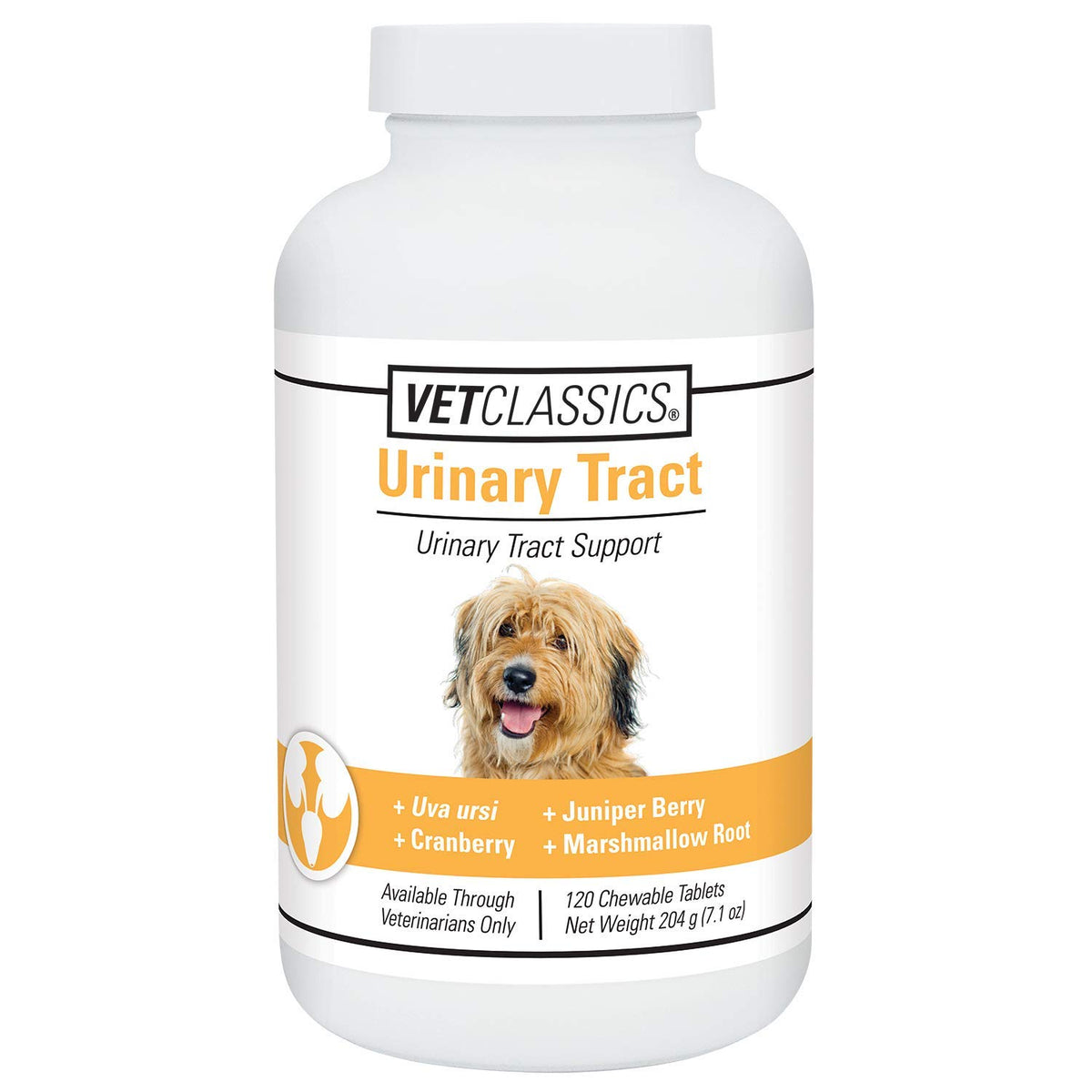 Bottle of Vet Classics Urinary Tract Dog Supplement 120 Ct on white background.