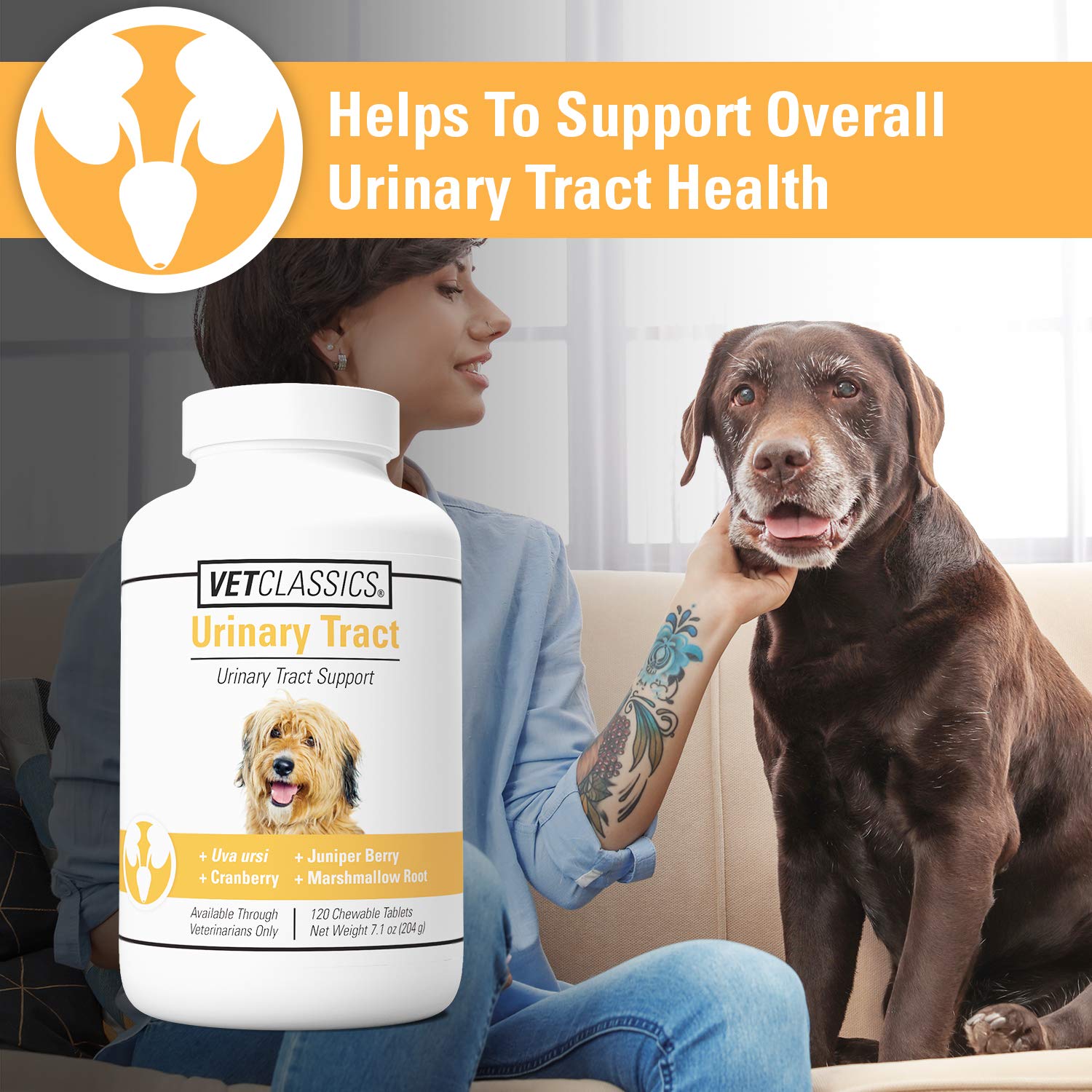 Chewable tablets and a Vet Classics Urinary Tract Dog Supplement bottle.