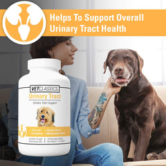 Chewable tablets and a Vet Classics Urinary Tract Dog Supplement bottle.