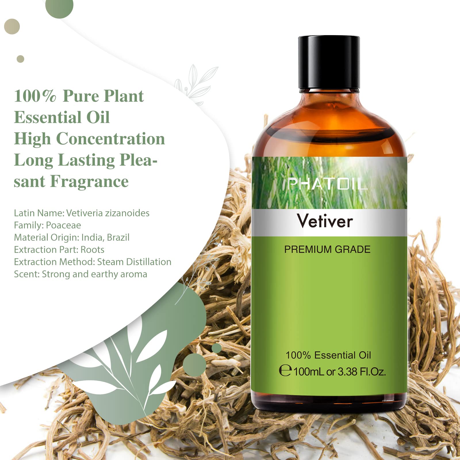 Amber bottle of Vetiver essential oil close-up