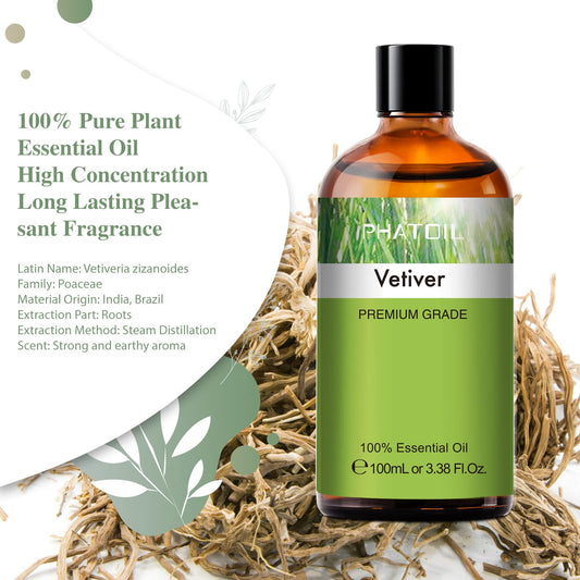Amber bottle of Vetiver essential oil close-up