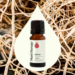 Vetiver essential oil bottle against white background