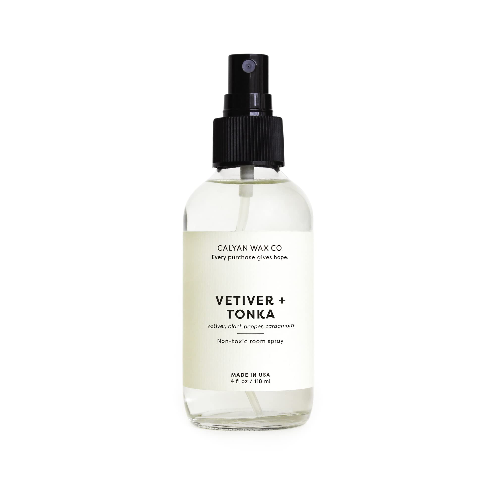 Calyan Wax Co Vetiver & Tonka Room Spray bottle, front