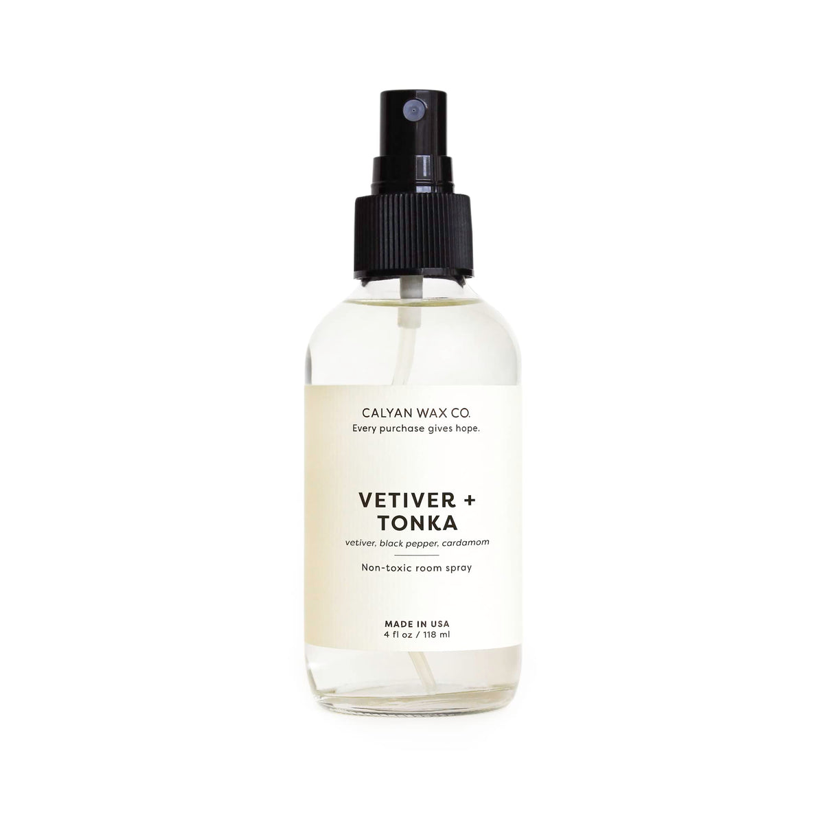 Calyan Wax Co Vetiver & Tonka Room Spray bottle, front