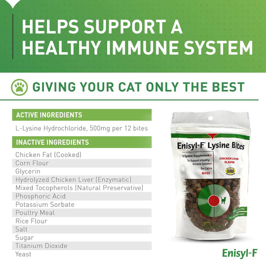 Close-up of Lysine bites chews with chicken liver flavor